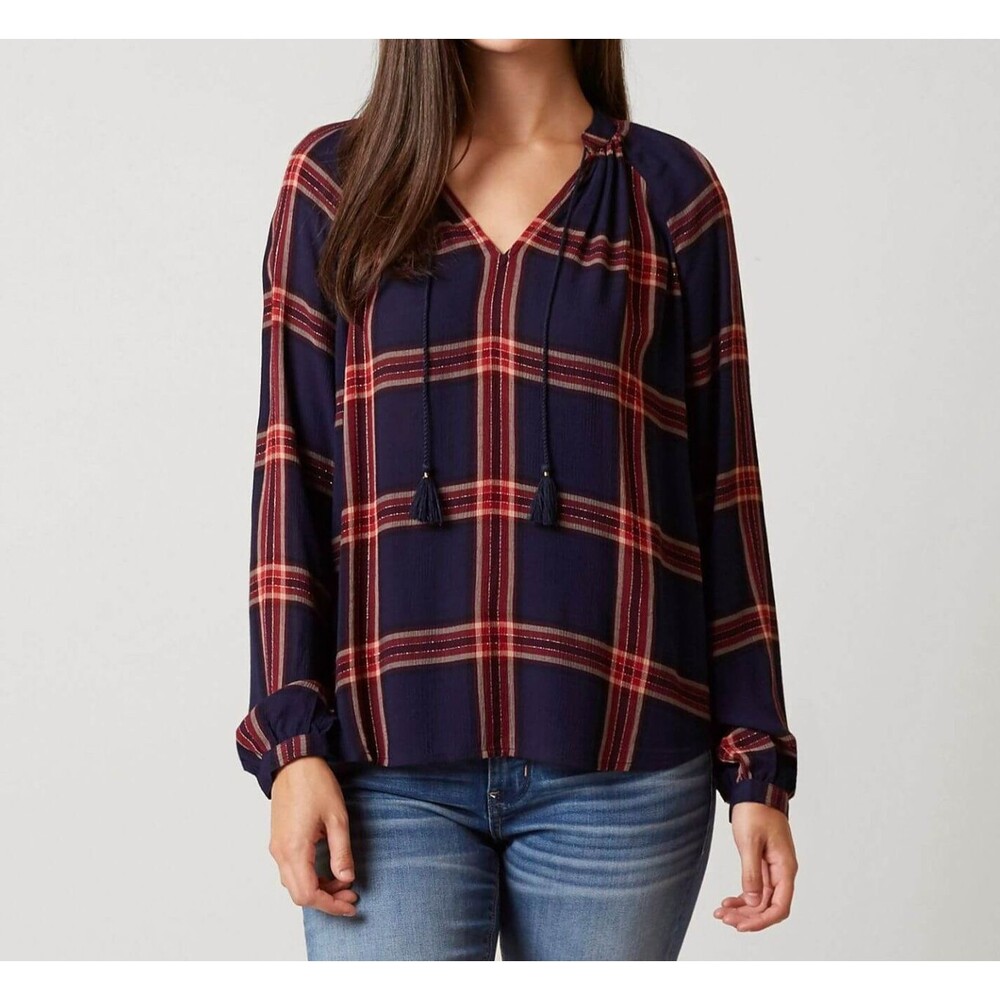 Lucky Brand Plaid Flannel Shirt Blue Distressed Button Up Cotton Gauze Womens M